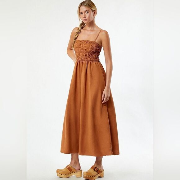Rhythm. Dresses & Skirts - Rhythm Rust Smocked Strap Midi in Burnt Orange